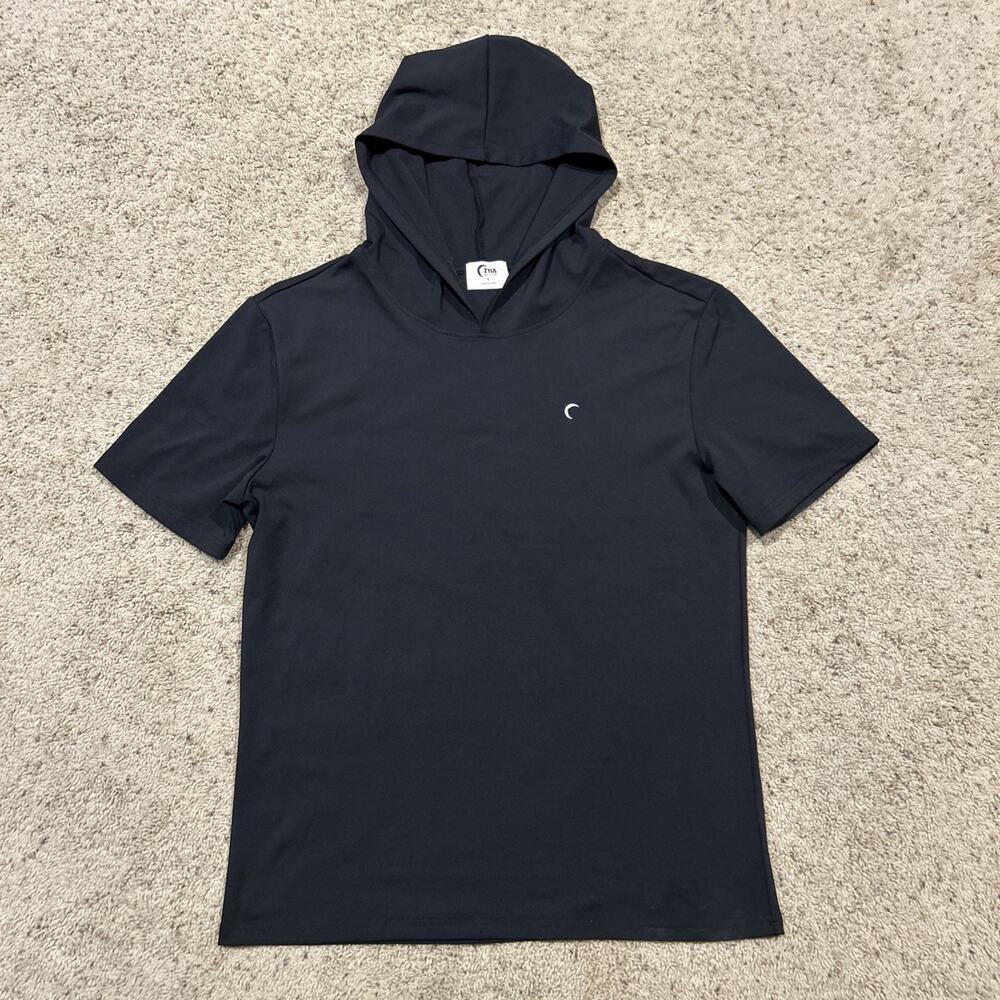 ZYIA Active Men’s sz S Hoodie Short Sleeve FOOTHILL Pullover Top Hood BLACK G26